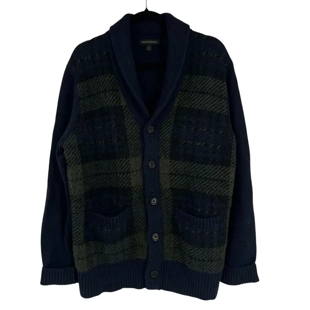 Banana Republic Navy Green Plaid Shawl Collar Cardigan Wool Blend Men’s XL